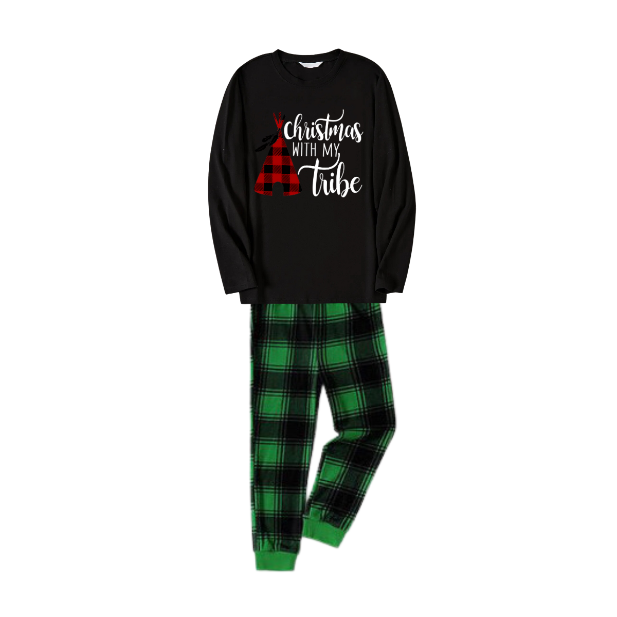 "Merry Christmas" Text Print Black Long Sleeve Top with Green and Black Plaid Family Matching Pajamas