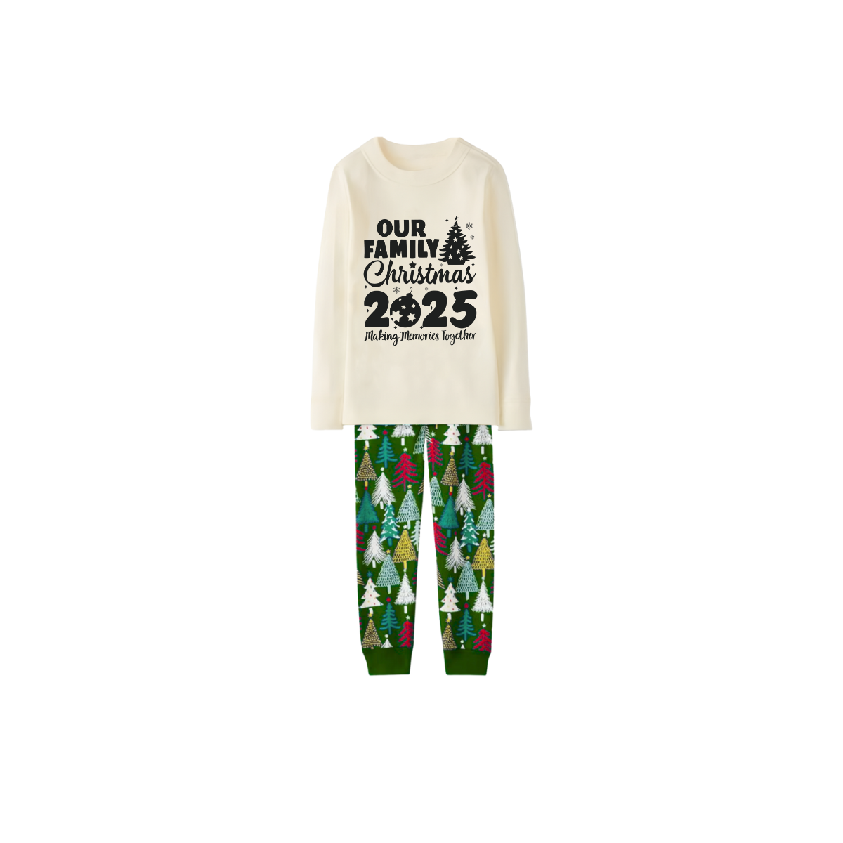 2025 Our Family Christmas Matching Pajamas -Cream Long Sleeve Tops & Green Christmas Tree Pants