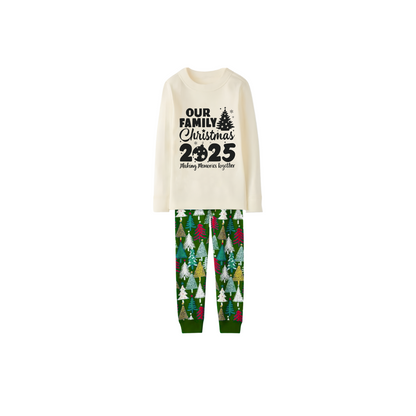2025 Our Family Christmas Matching Pajamas -Cream Long Sleeve Tops & Green Christmas Tree Pants