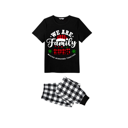 2025 Merry Christmas Family Pajamas Set - Black Top Black and White Plaid Pants White Text Graphic