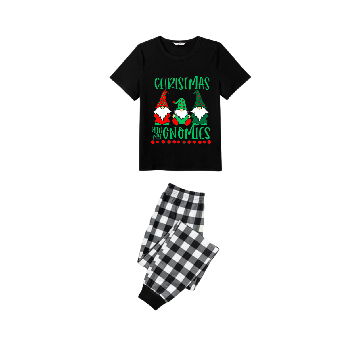 Black and White Plaid Christmas Short Sleeve Pajamas Set With "Christmas With My Gnomies" Text Print