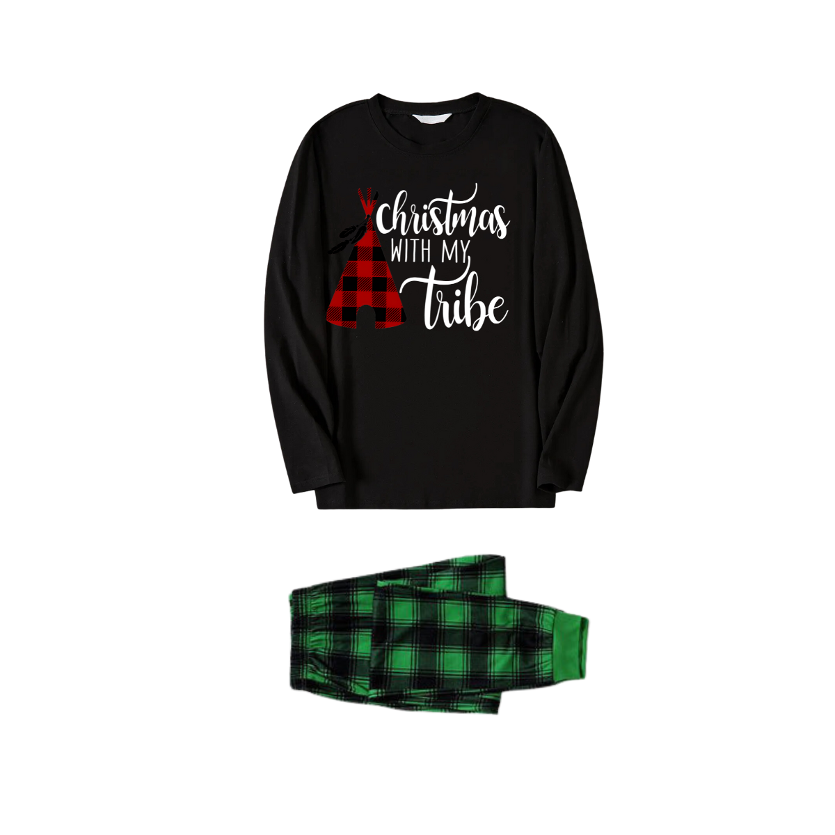 "Merry Christmas" Text Print Black Long Sleeve Top with Green and Black Plaid Family Matching Pajamas