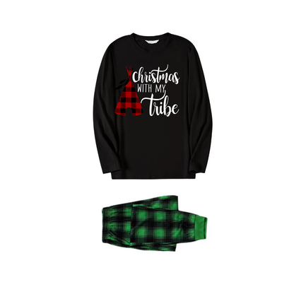 "Merry Christmas" Text Print Black Long Sleeve Top with Green and Black Plaid Family Matching Pajamas