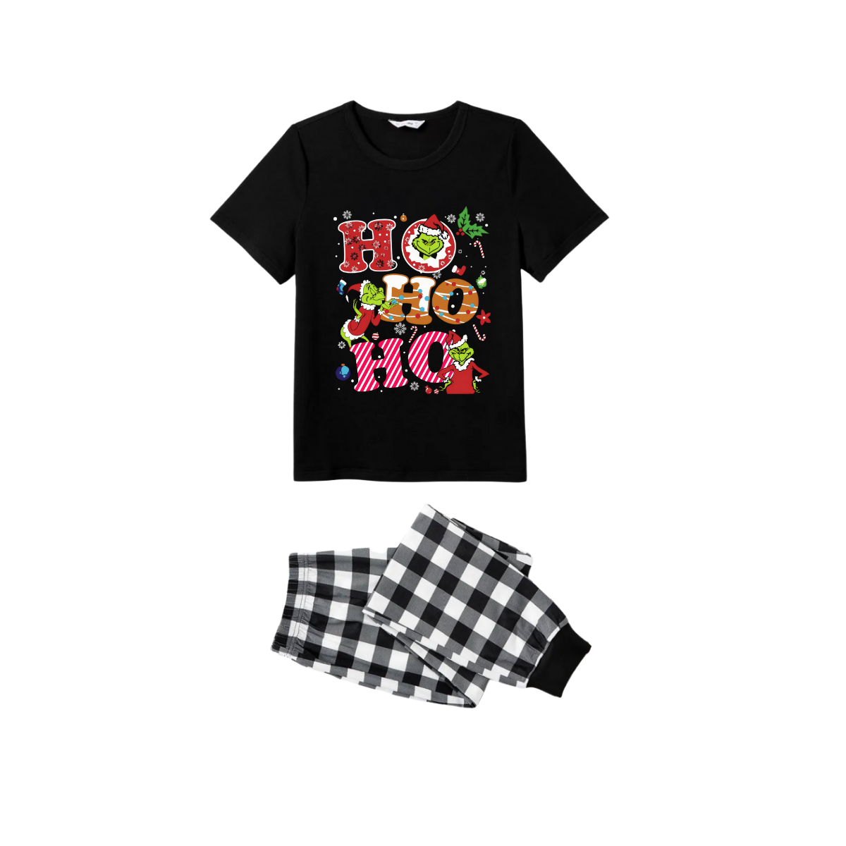 Black and White Plaid Christmas Short Sleeve Pajamas Set With Grinch and "HO HO HO" Text Print