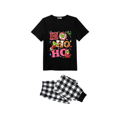 Black and White Plaid Christmas Short Sleeve Pajamas Set With Grinch and "HO HO HO" Text Print