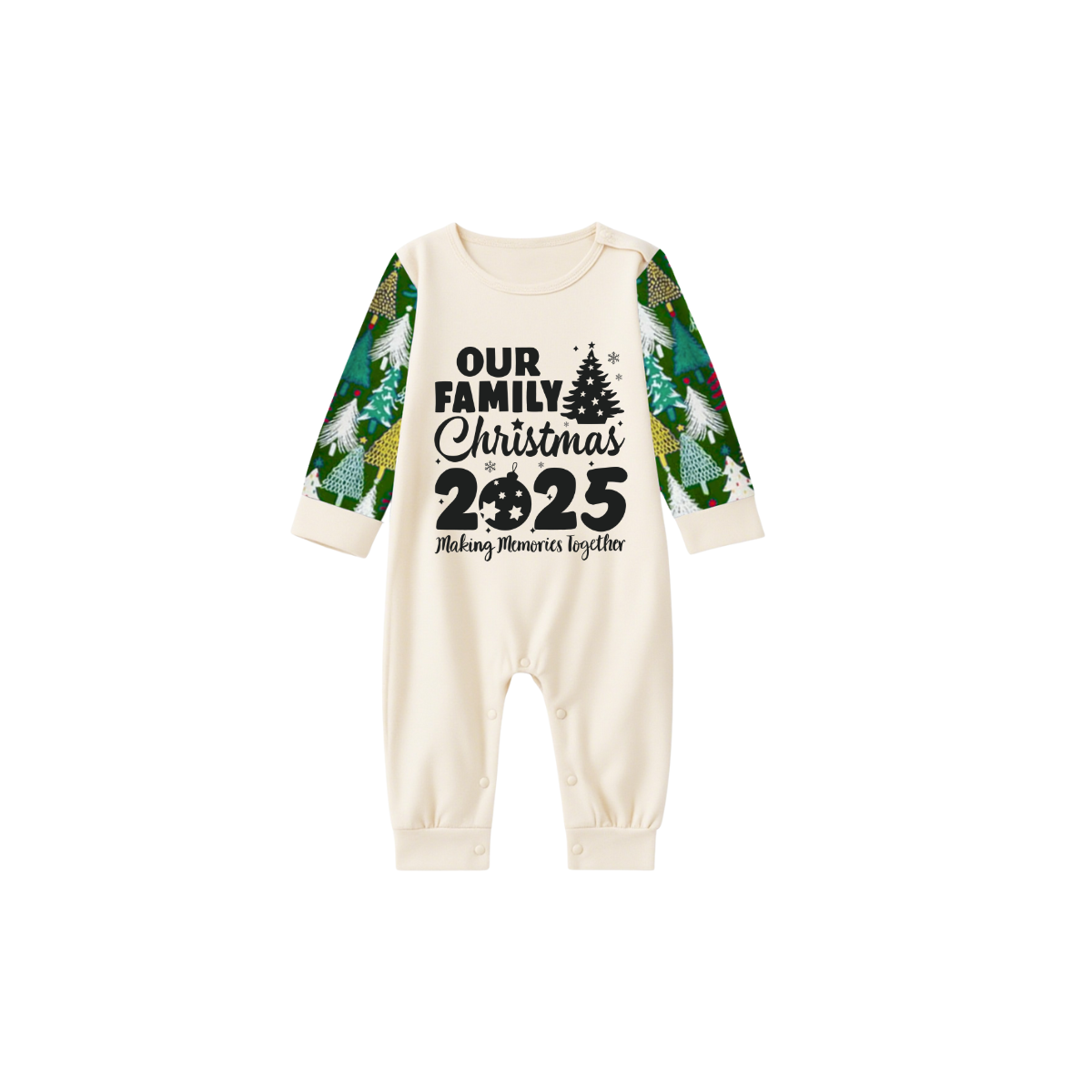 2025 Our Family Christmas Matching Pajamas -Cream Long Sleeve Tops & Green Christmas Tree Pants