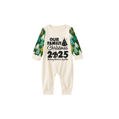 2025 Our Family Christmas Matching Pajamas -Cream Long Sleeve Tops & Green Christmas Tree Pants