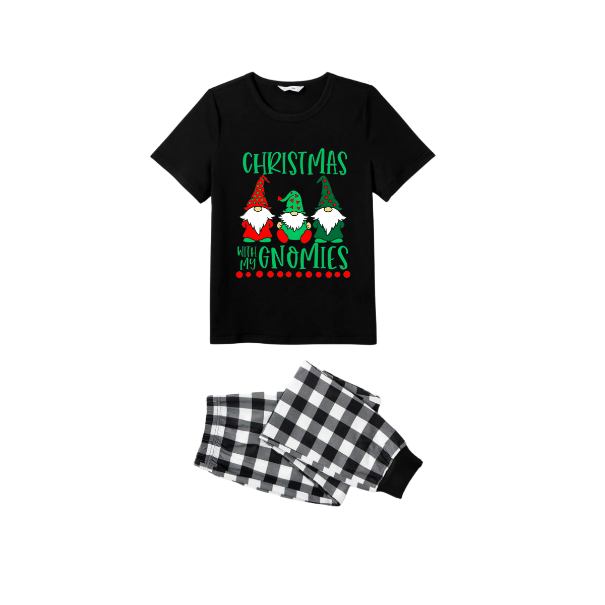 Black and White Plaid Christmas Short Sleeve Pajamas Set With "Christmas With My Gnomies" Text Print