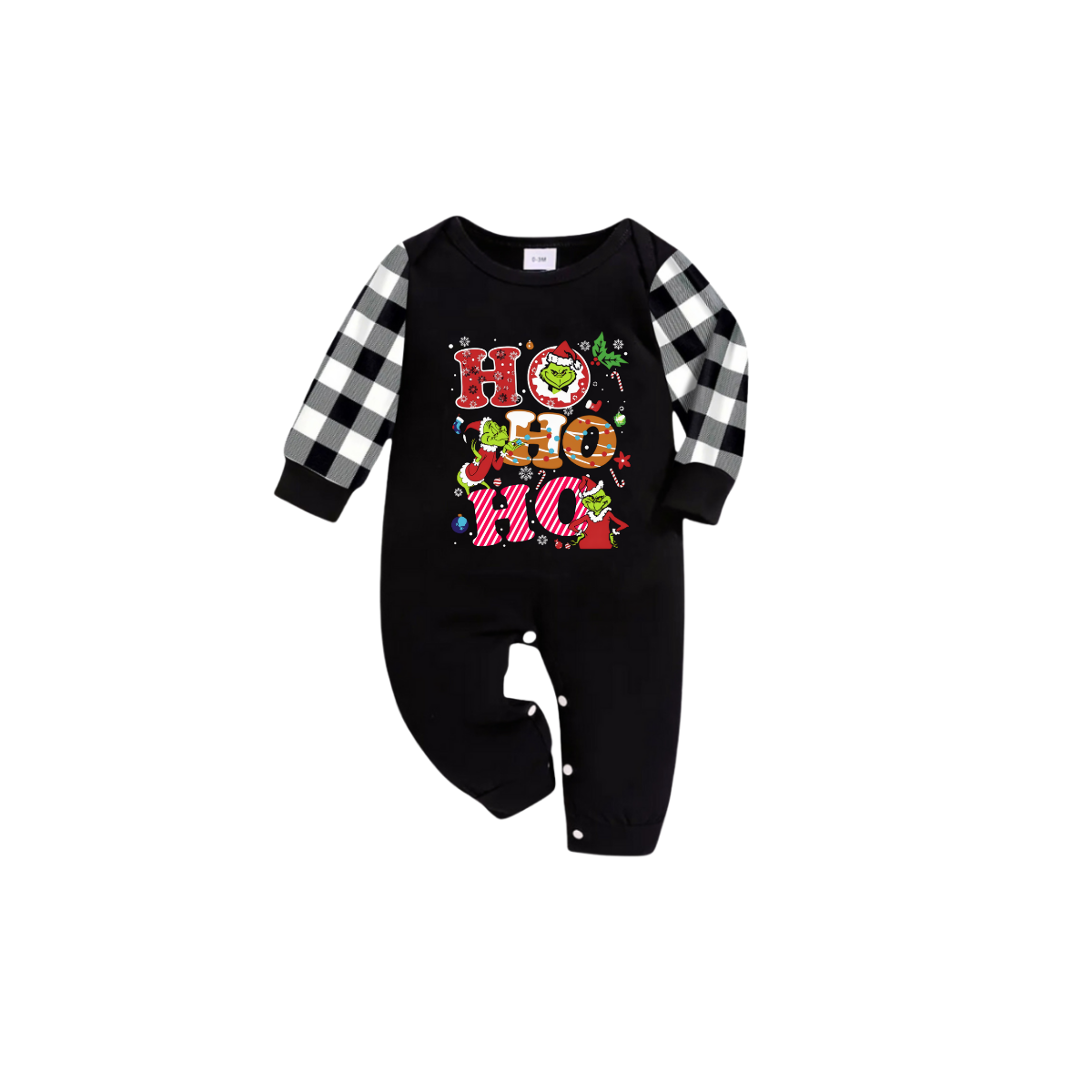 Black and White Plaid Christmas Short Sleeve Pajamas Set With Grinch and "HO HO HO" Text Print