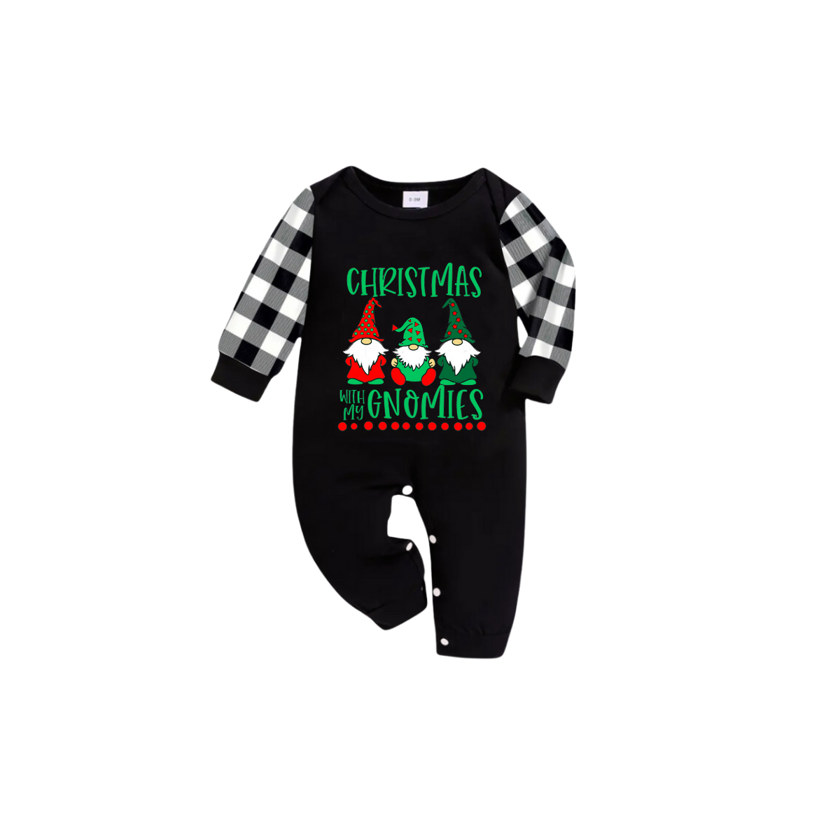 Black and White Plaid Christmas Short Sleeve Pajamas Set With "Christmas With My Gnomies" Text Print