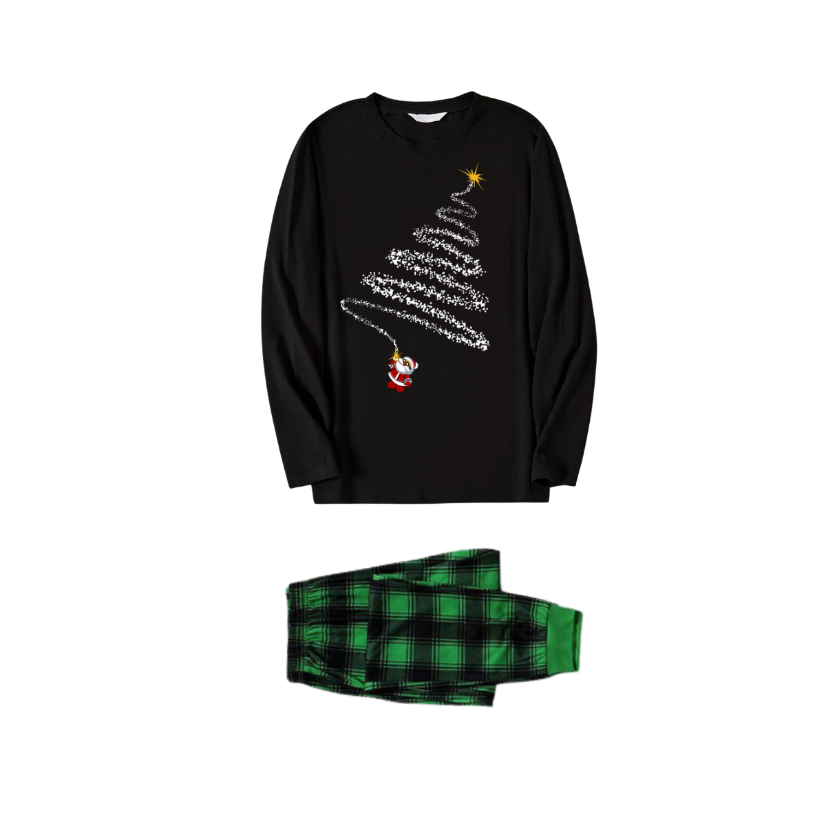 Santa Claus and Christmas Tree Print Black Long Sleeve Top with Green and Black Plaid Couple Matching Pajamas