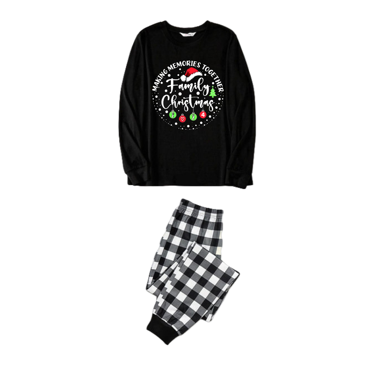 "MAKING MEMORIES TOGETHER FAMILY CHRISTMAS 2024" Text Pattern - Black Long Sleeve Top with Black And White Plaid Pants Family Matching Pajamas