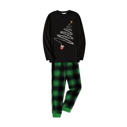 Santa Claus and Christmas Tree Print Black Long Sleeve Top with Green and Black Plaid Couple Matching Pajamas