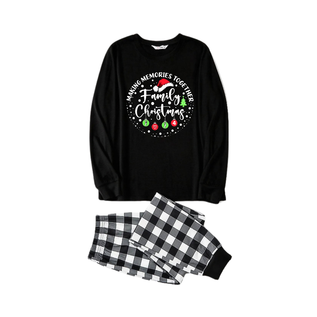 "MAKING MEMORIES TOGETHER FAMILY CHRISTMAS 2024" Text Pattern - Black Long Sleeve Top with Black And White Plaid Pants Family Matching Pajamas