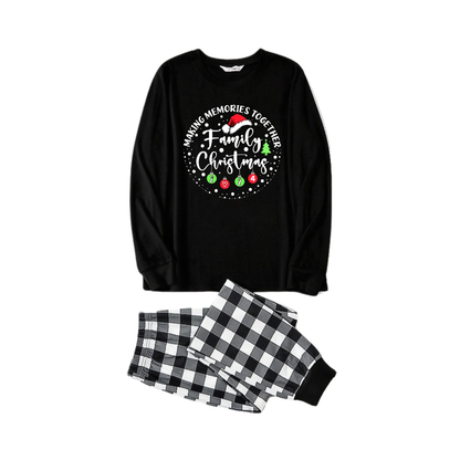 "MAKING MEMORIES TOGETHER FAMILY CHRISTMAS 2024" Text Pattern - Black Long Sleeve Top with Black And White Plaid Pants Family Matching Pajamas