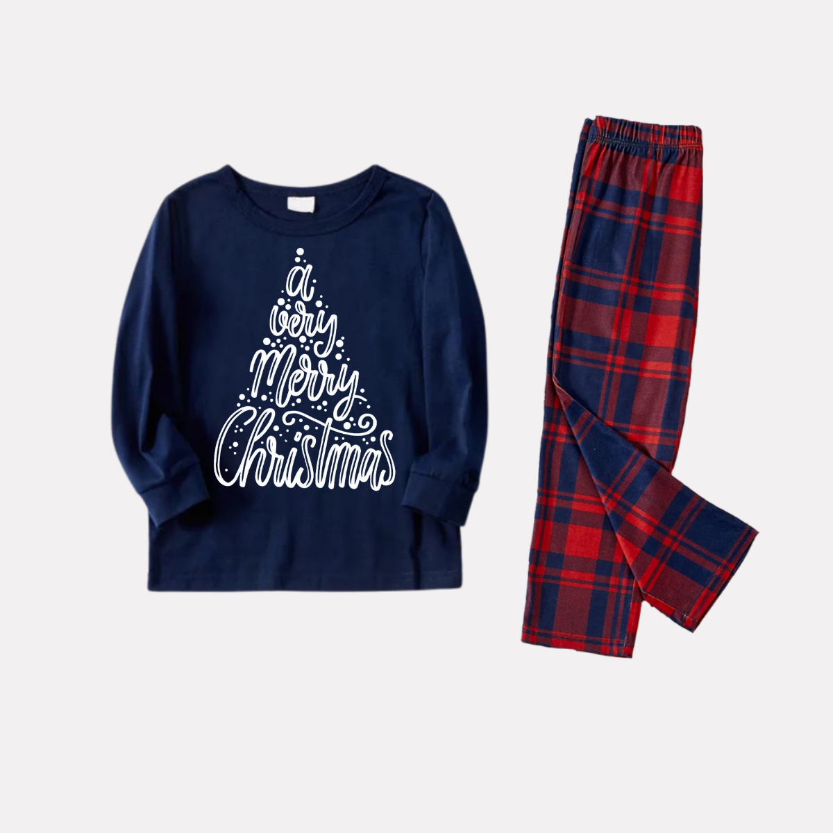 "A Very Merry Christmas"  Blue Long Sleeve Top with Blue & Red Plaid Family Matching Pajamas