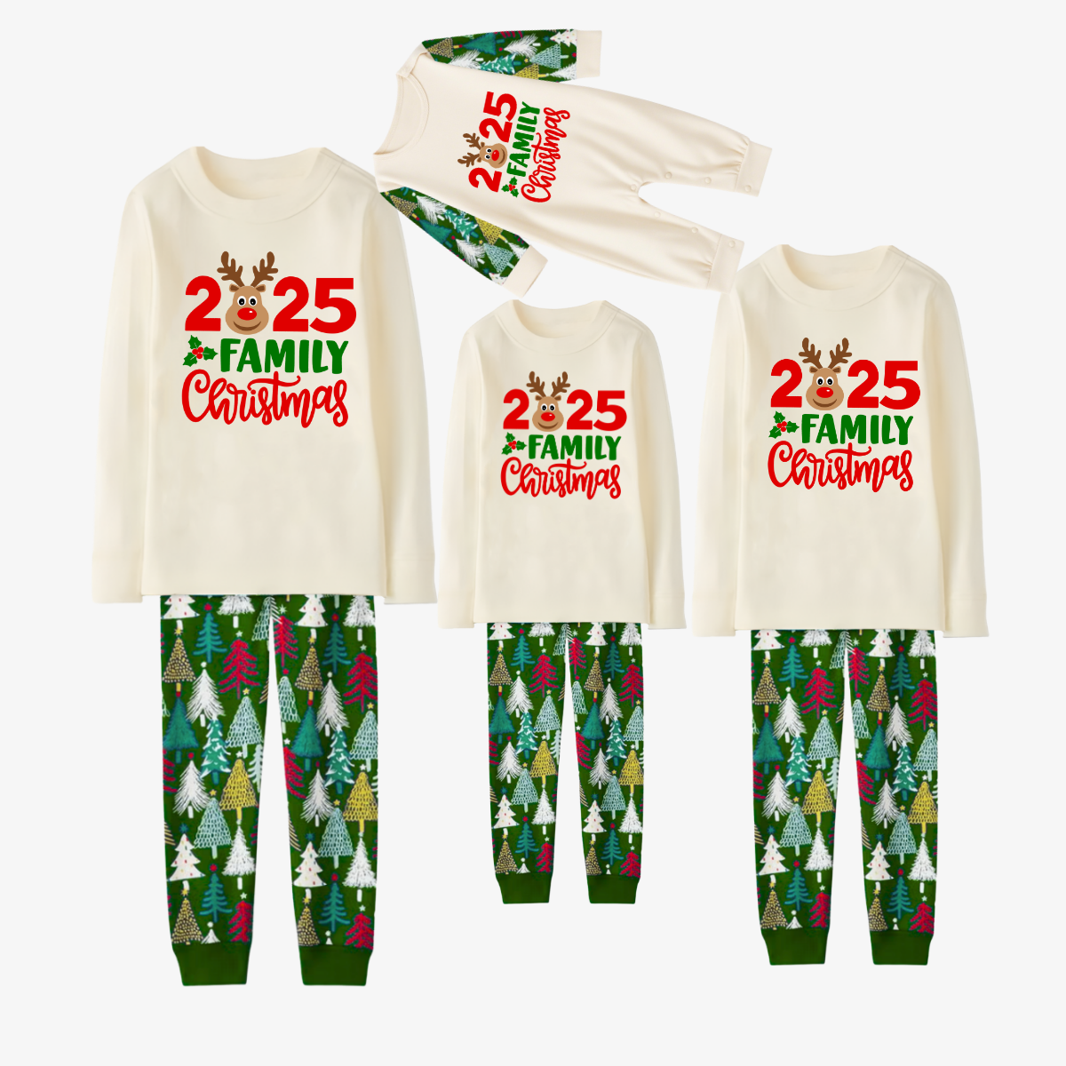 2025 Family Matching Christmas Pajamas-Cream Tops & Christmas Tree Pants