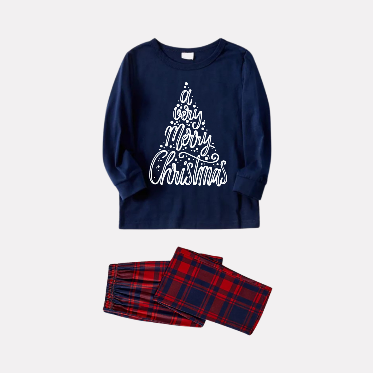 "A Very Merry Christmas"  Blue Long Sleeve Top with Blue & Red Plaid Family Matching Pajamas