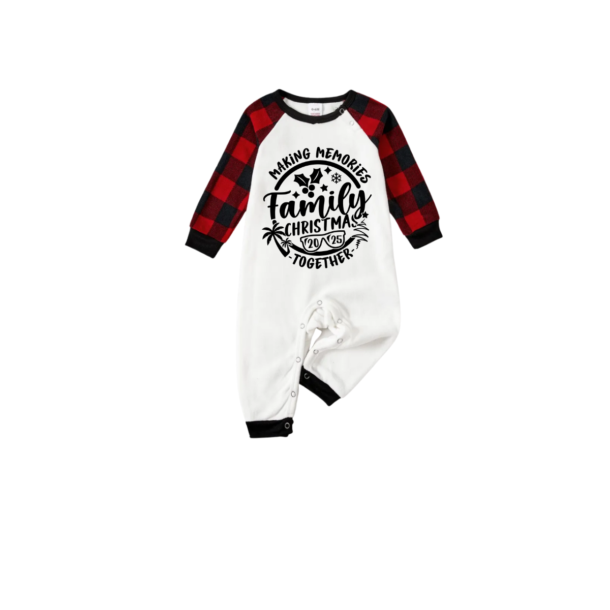 Making Memories Together Family Christmas 2025 Pajamas Set - White Top Black Sleeves Red Plaid Pants Black Text Graphic