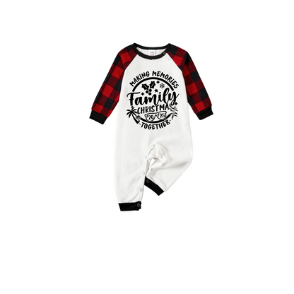 Making Memories Together Family Christmas 2025 Pajamas Set - White Top Black Sleeves Red Plaid Pants Black Text Graphic