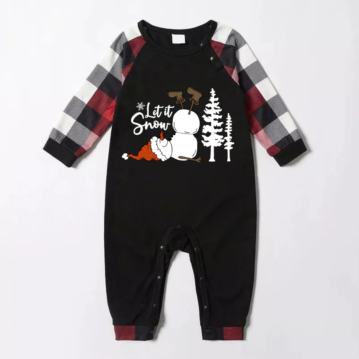 Let it snow letter and snowman Pattern Contrast Top with Red&Black&White Plaid Sleeves Family Matching Pajamas