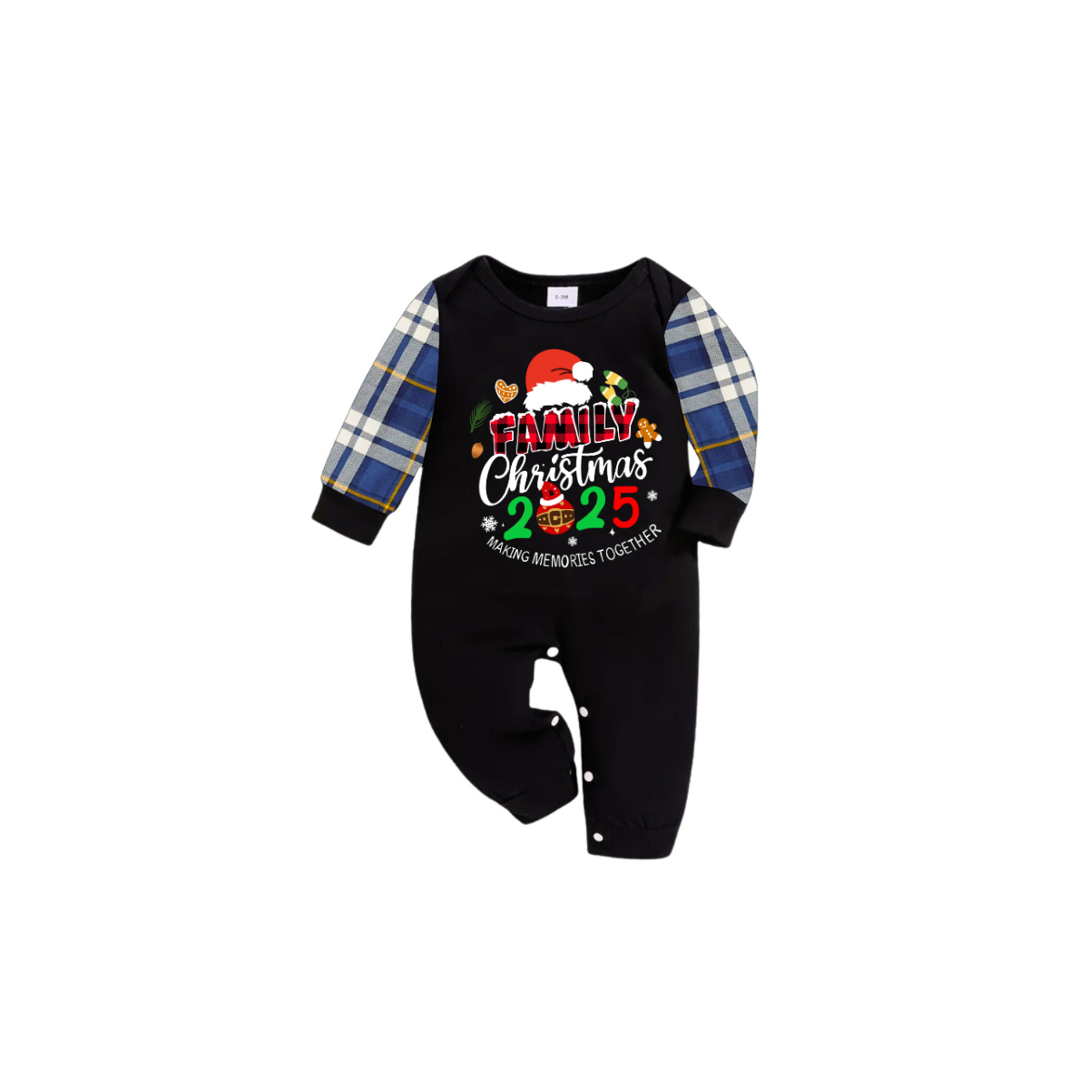 Merry Christmas 2025 Making Memories Family Pajamas Set - Black Top, Blue Pants, Blue Plaid Sleeves, Santa & Gingerbread Print
