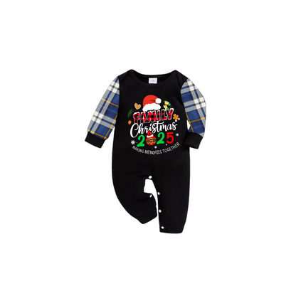 Merry Christmas 2025 Making Memories Family Pajamas Set - Black Top, Blue Pants, Blue Plaid Sleeves, Santa & Gingerbread Print