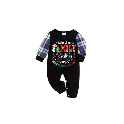 We Are Family Christmas 2025 Making Memories Family Pajamas Set - Black Top, Blue Pants, Blue Plaid Sleeves