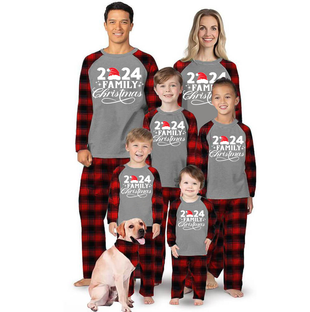 "2024 Family Christmas" Letter Print Black & Red Plaid Family Matching Grey Pajamas With Dog bandana