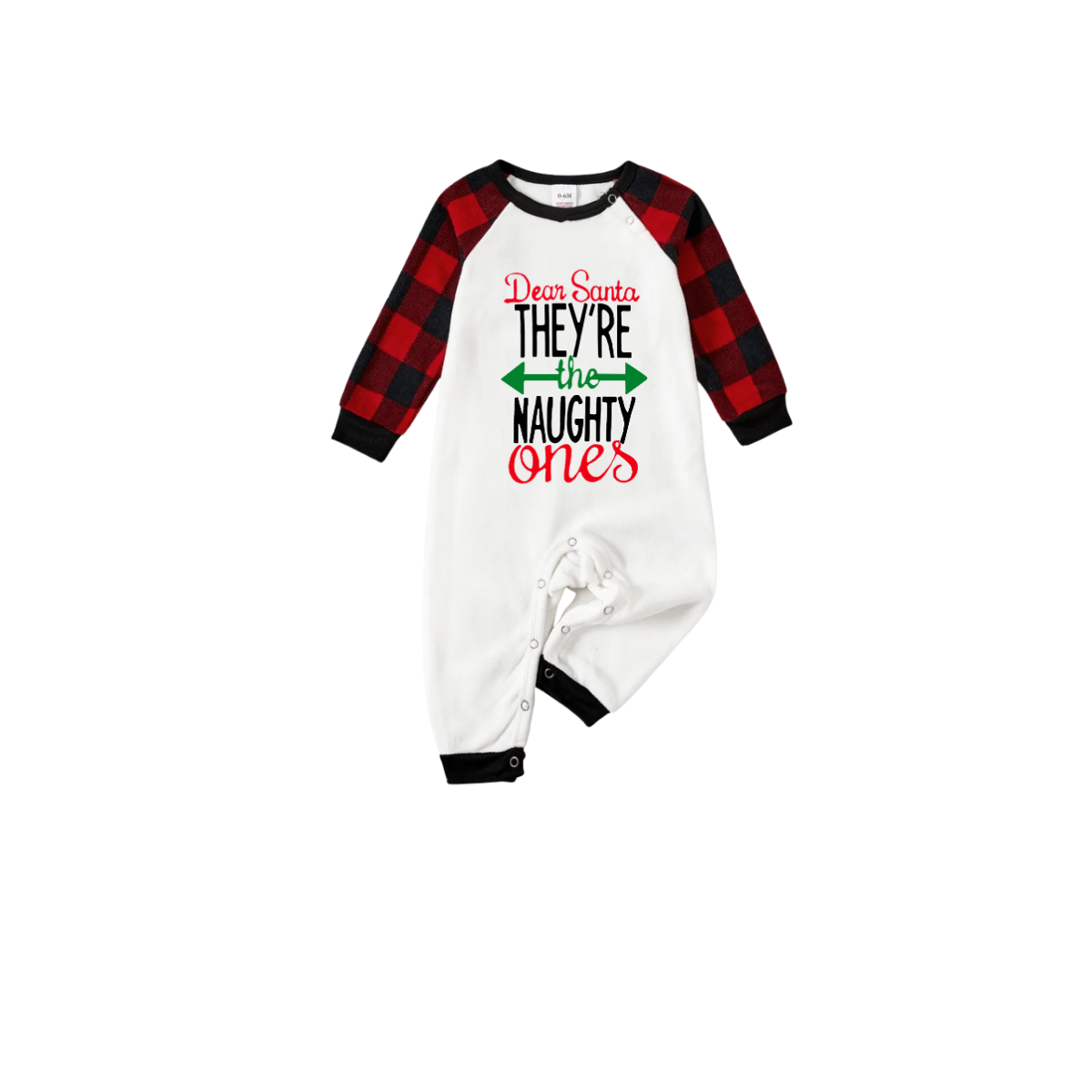 Dear Santa They're the Naughty Ones Family Pajamas Set - White Top Black Sleeves Red Plaid Pants Green and Red Text Graphic