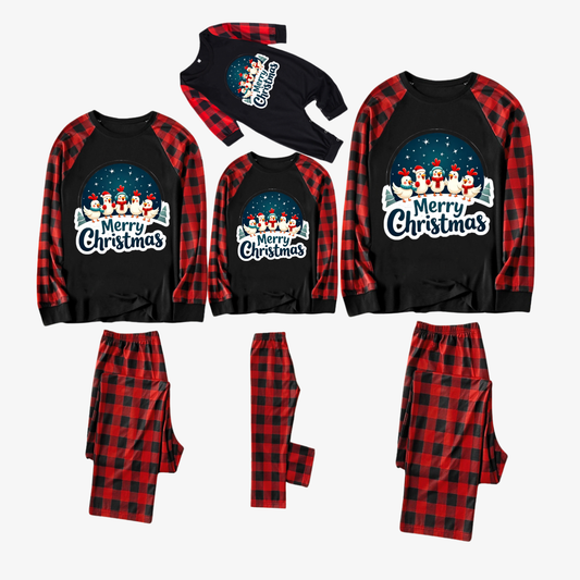 Red and Black Plaid Christmas Pajamas Set With Happy Chickens and "Merry Christmas" Text Print
