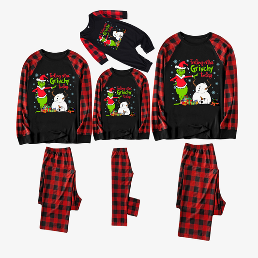Red and Black Plaid Christmas Pajamas Set With Grinch and Snowman Print