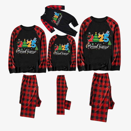 Red and Black Plaid Christmas Pajamas Set With "2025 Merry Christmas" Text Print