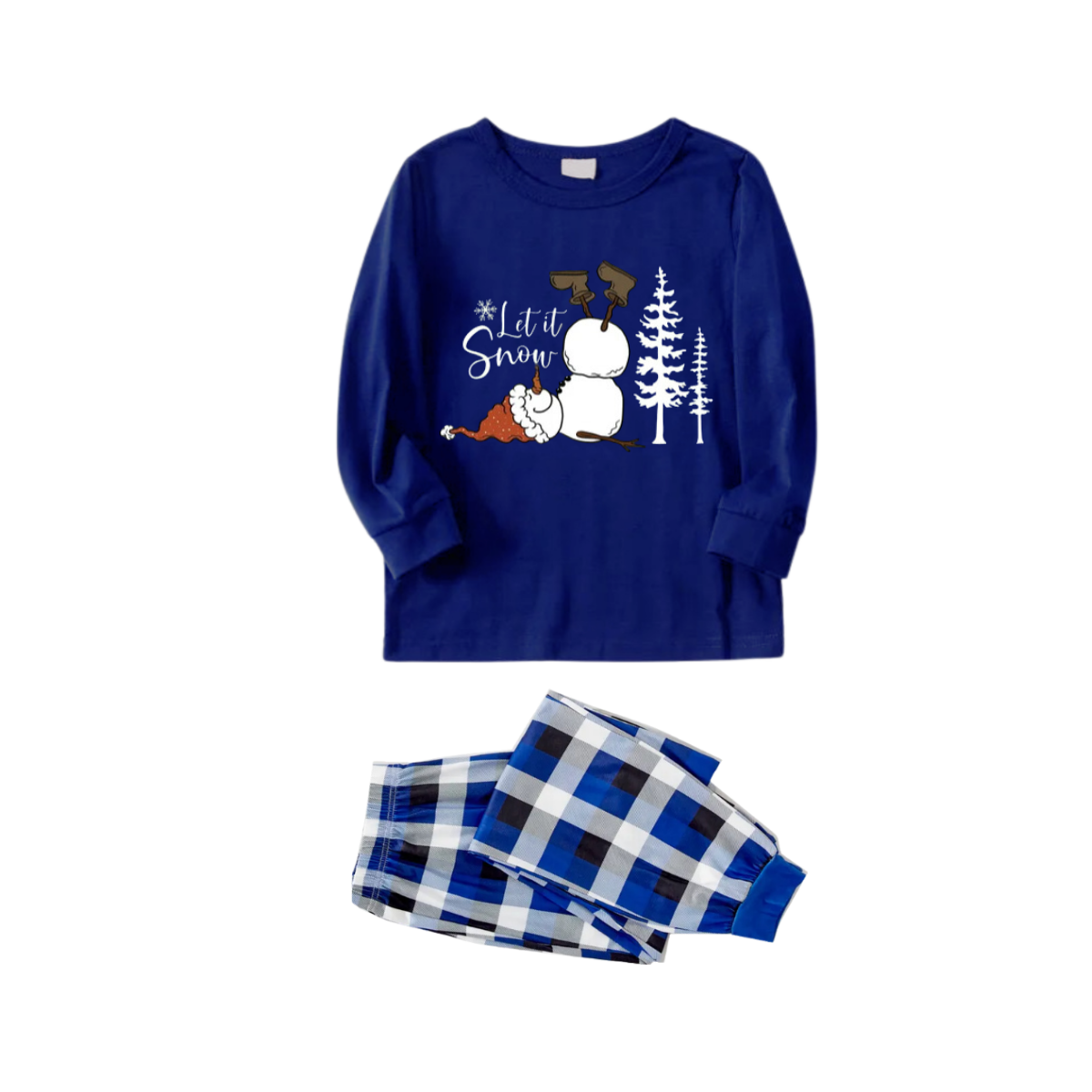 "Let it Snow" Text and Snowman Printed  Blue and White Plaid Family Matching Pajamas
