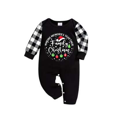 "MAKING MEMORIES TOGETHER FAMILY CHRISTMAS 2024" Text Pattern - Black Long Sleeve Top with Black And White Plaid Pants Family Matching Pajamas