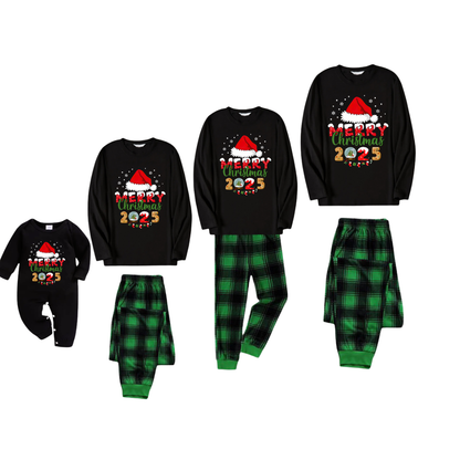 Black Top and Green Plaid Pants Christmas Pajamas Set With Santa Hat and "Merry Christmas 2025" Text Print