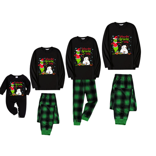 Black Top and Green Plaid Pants Christmas Pajamas Set With Grinch and Snowman Print