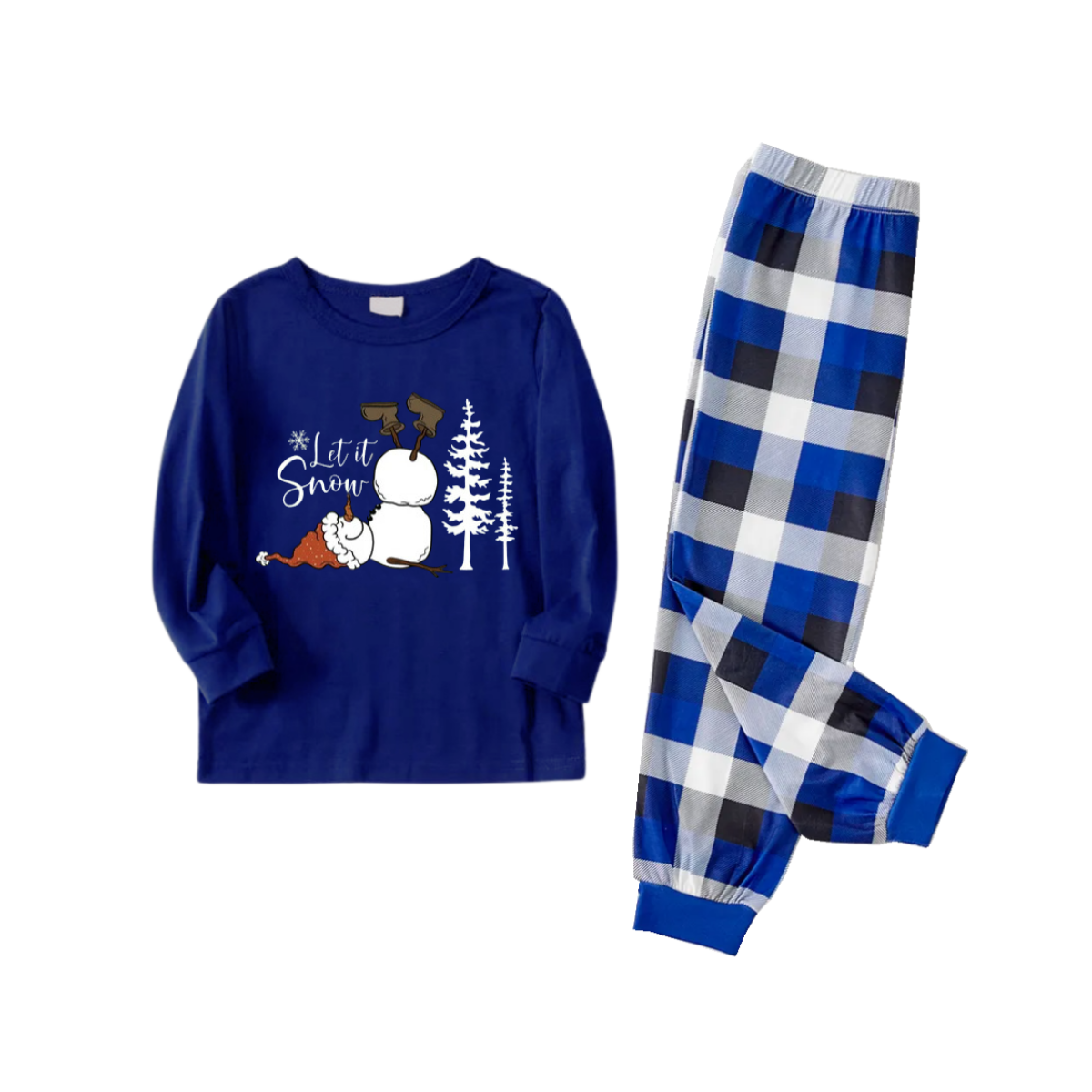 "Let it Snow" Text and Snowman Printed  Blue and White Plaid Family Matching Pajamas