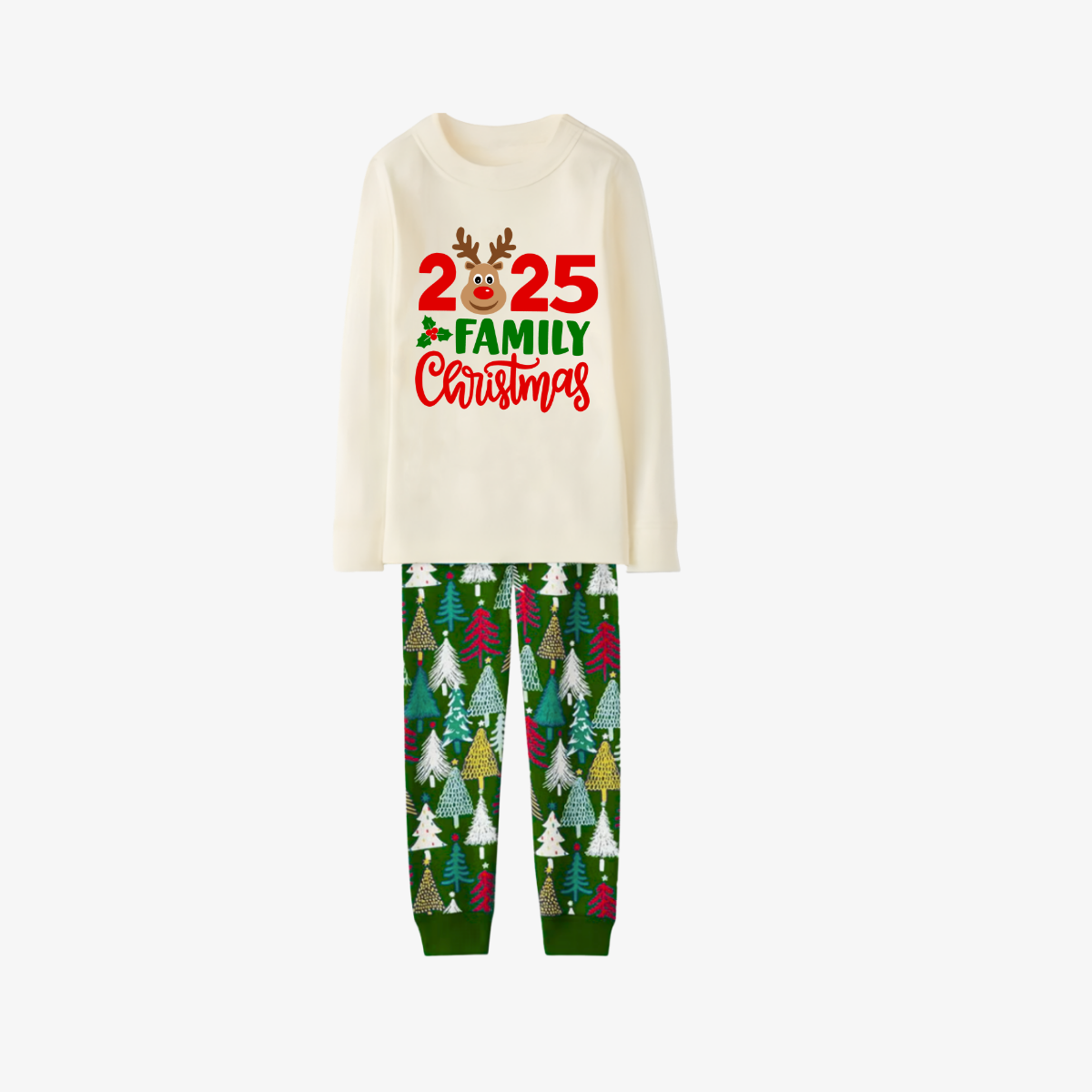2025 Family Matching Christmas Pajamas-Cream Tops & Christmas Tree Pants