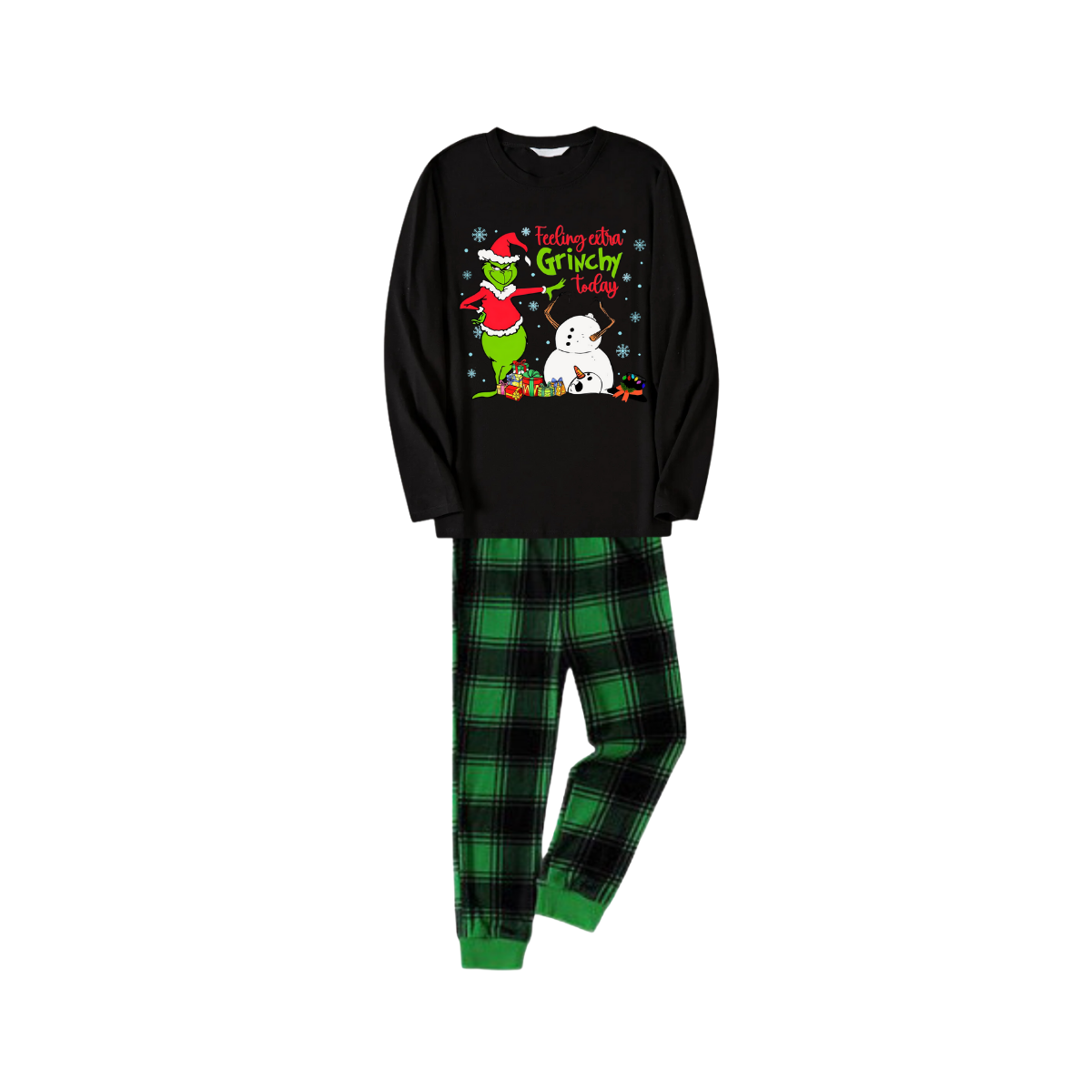 Black Top and Green Plaid Pants Christmas Pajamas Set With Grinch and Snowman Print