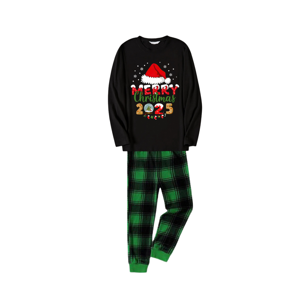 Black Top and Green Plaid Pants Christmas Pajamas Set With Santa Hat and "Merry Christmas 2025" Text Print