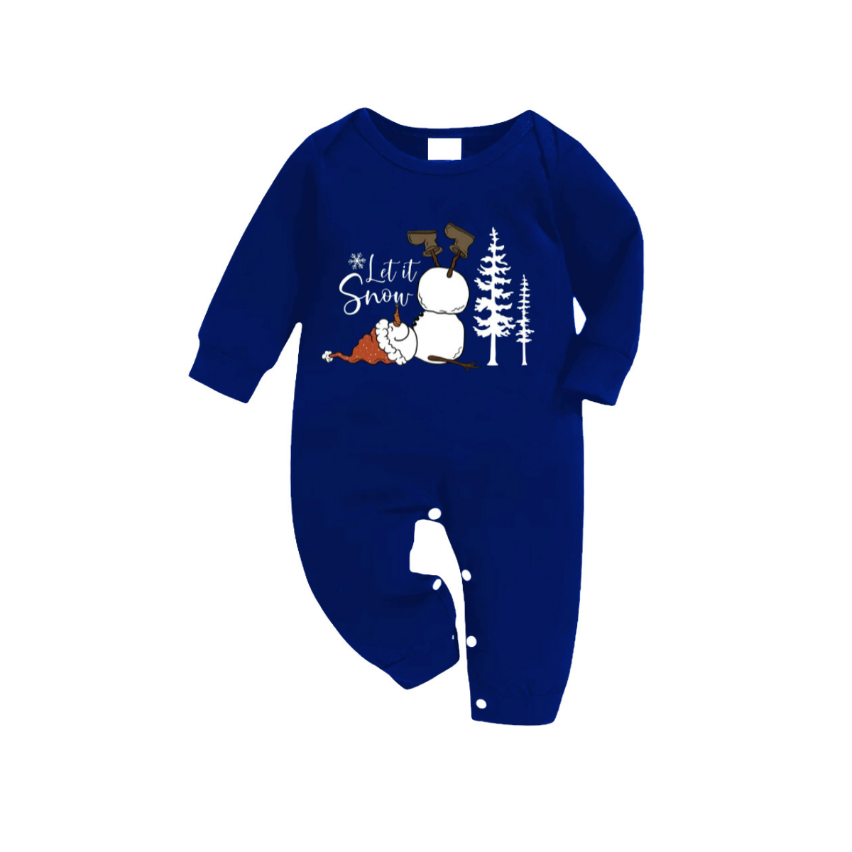 "Let it Snow" Text and Snowman Printed  Blue and White Plaid Family Matching Pajamas