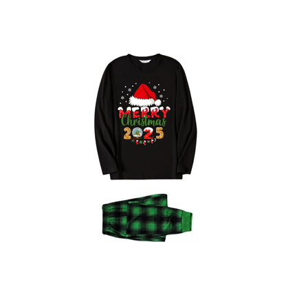 Black Top and Green Plaid Pants Christmas Pajamas Set With Santa Hat and "Merry Christmas 2025" Text Print