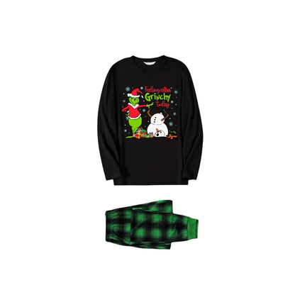 Black Top and Green Plaid Pants Christmas Pajamas Set With Grinch and Snowman Print