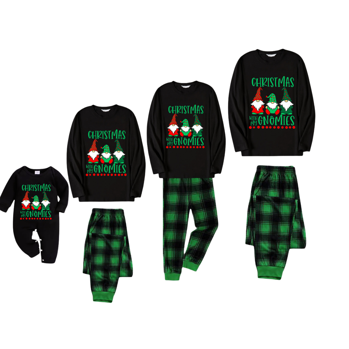 Black Top and Green Plaid Pants Christmas Pajamas Set With "Christmas With My Gnomies" Text Print