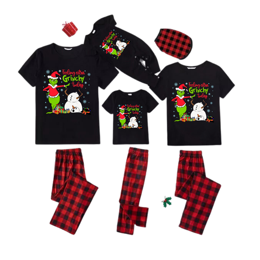 Red and Black Plaid Short Sleeve Christmas Pajamas Set With Grinch and Snowman Print