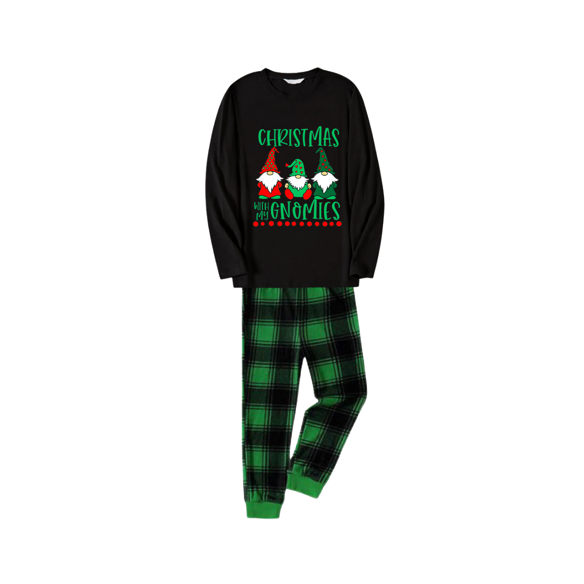 Black Top and Green Plaid Pants Christmas Pajamas Set With "Christmas With My Gnomies" Text Print