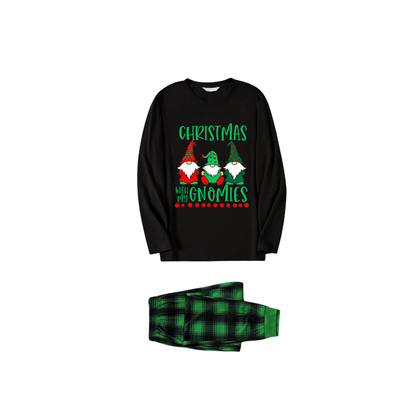Black Top and Green Plaid Pants Christmas Pajamas Set With "Christmas With My Gnomies" Text Print