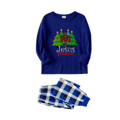 Christmas Family Matching Pajamas-Navy & White Plaid Pjs Set with Christmas Tree and "Jesus Christmas" Print