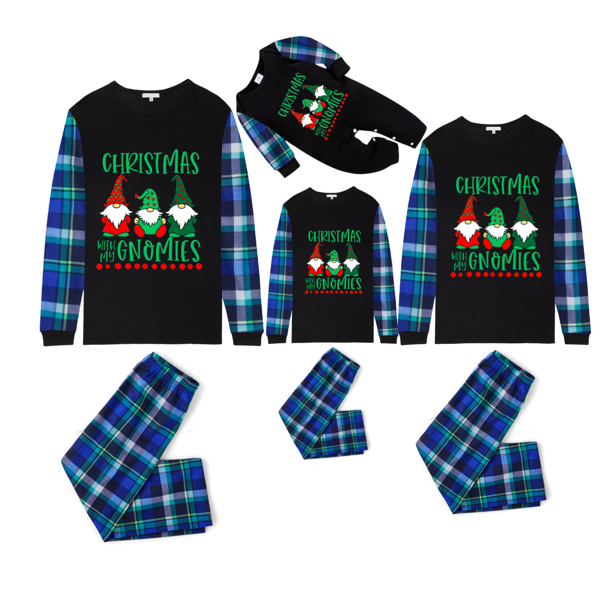 Blue and Green Plaid Christmas Pajamas Set With "Christmas With My Gnomies" Text Print